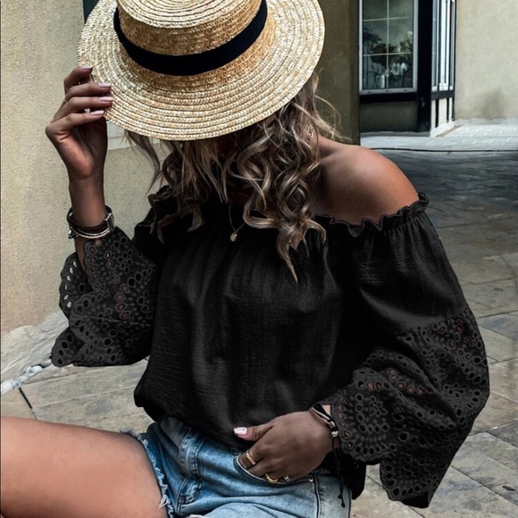 Boho Off Shoulder Eyelet Embroidery Frill Top Blouse White - Picture 12 of 15